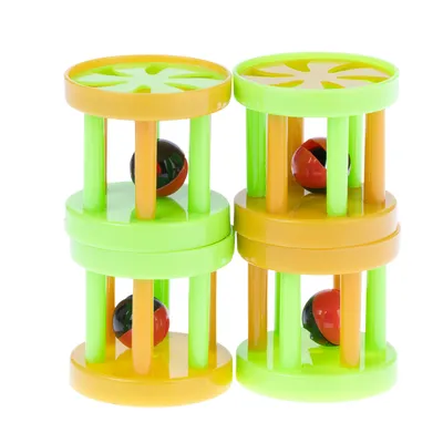 Two plastic toys in green and orange, with integrated red and black balls that can move.