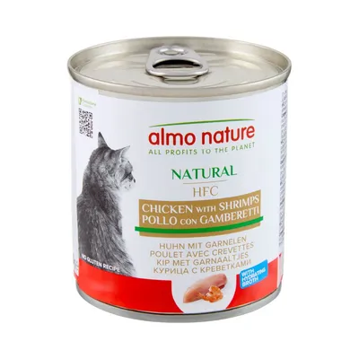 Almo Nature Natural HFC kattmatsburk, kyckling med räkor, glutenfritt recept, med återfuktande buljong.