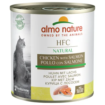 Almo Nature HFC Natural, kurczak z łososiem, bezglutenowa receptura, 100% zysków dla natury, Fondazione Capellino.
