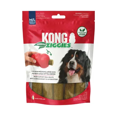 KONG Ziggies Enhanced pasji priboljški z morskimi algami, za srednje/velike pse, podpirajo zdravje zob, rastlinska embalaža, izdelano na Irskem, 227 g.