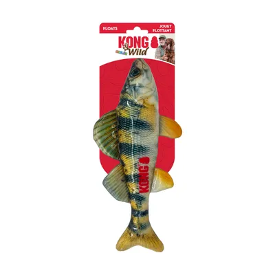 KONG Wild Schwimmendes Spielzeug in Fischform, gelb und schwarz gestreift. Verpackung mit rotem Hintergrund und Aufschrift 'Floats' und 'Jouet Flottant'.