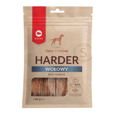 Maced Super Premium Harder Wołowy, Beef Harder, 93 % bœuf, sans céréales ni sucre ajouté, sachet de 100 g, taille S. Texte en polonais et anglais visible sur l’emballage.