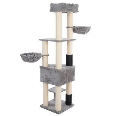 Arbre à chat gris avec plusieurs plateformes, deux paniers ronds, une niche carrée et des poteaux recouverts de sisal et tissu. Aucun animal ni accessoire supplémentaire visible.