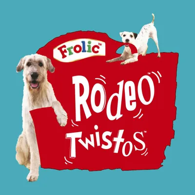 Frolic Rodeo Twistos. Zwei Hunde neben rotem Produktlogo.