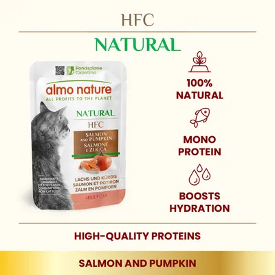 almo nature HFC Natural Salmon and Pumpkin pre dospelé mačky, 100% natural, mono protein, boosts hydration, high-quality proteins, salmon and pumpkin. Text v angličtine.