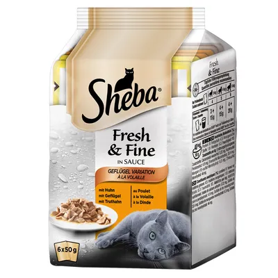 Sheba Fresh & Fine in Sauce, variation à la volaille, au poulet, à la dinde, 6 x 50 g. Texte en allemand et français visible sur l’emballage.
