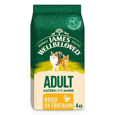 James Wellbeloved Adult cat food, hypoallergenic, for cats aged 1-7 years, rich in turkey, pack size 4 kg.