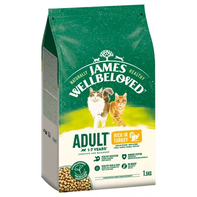 James Wellbeloved Adult cat food, rich in turkey, hypoallergenic, for sensitive pets, 1-7 years, 1.5 kg. Supports digestion, skin, coat and immune system.