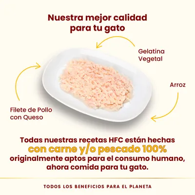 Plato con filete de pollo con queso, gelatina vegetal y arroz. Texto: Todas nuestras recetas HFC están hechas con carne y/o pescado 100% originalmente aptos para el consumo humano.