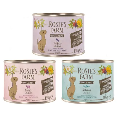 Rosie's Farm Single Meat Nassfutter für Hunde, Sorten: Truthahn mit Reis, Lamm mit Reis, Lachs mit Reis. 195g Dosen, angepasst an empfindliche Hunde, mit Präbiotika zur Unterstützung der Verdauung.