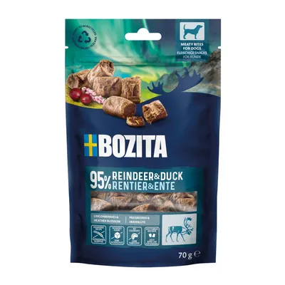 Bozita snack di carne per cani, 95% renna e anatra, con mirtilli rossi e fiori di erica, 70g. Con simbolo riciclabile sulla confezione.