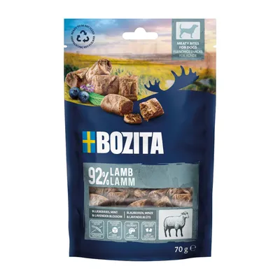 Bozita snack di carne per cani, 92% agnello, con mirtilli, menta e fiore di lavanda. Confezione riciclabile, 70g.