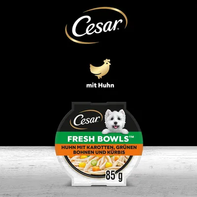Cesar Fresh Bowls, курица с морковью, зелёной фасолью и тыквой, 85 г. С курицей.