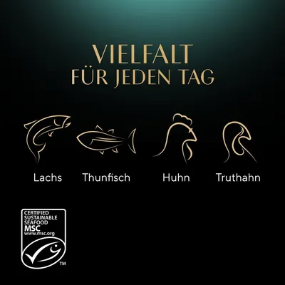 Vielfalt für jeden Tag: Lachs, Thunfisch, Huhn, Truthahn. Zertifiziert nachhaltige Meeresfrüchte MSC www.msc.org.