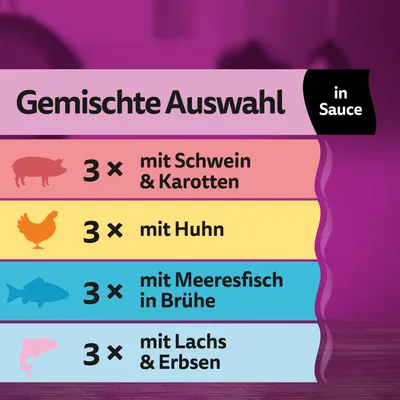 Texte en allemand : Gemischte Auswahl in Sauce. 3× mit Schwein & Karotten, 3× mit Huhn, 3× mit Meeresfisch in Brühe, 3× mit Lachs & Erbsen.