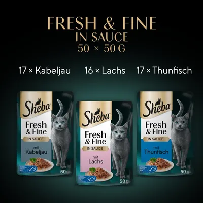 Sheba Fresh & Fine in Sauce, 50 x 50g. Sorten: 17 Kabeljau, 16 Lachs, 17 Thunfisch. Verpackung zeigt graue Katze und MSC-Siegel.