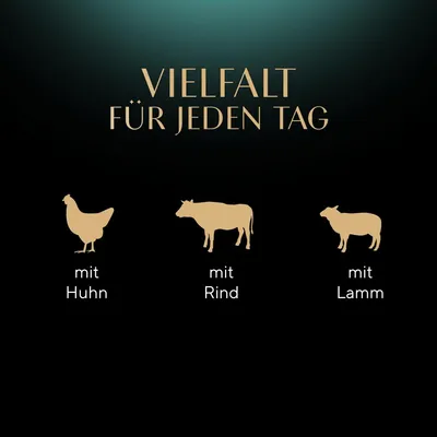 Vielfalt für jeden Tag: mit Huhn, mit Rind, mit Lamm.