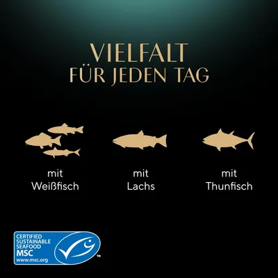 Vielfalt für jeden Tag: mit Weissfisch, mit Lachs, mit Thunfisch. Zertifiziert nachhaltige Meeresfrüchte MSC.