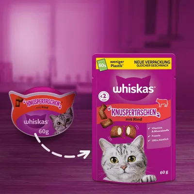 Whiskas Knuspertaschen mit Rind, neue Verpackung mit 60% weniger Plastik, Vitamine & Mineralstoffe, Protein, unter 2 kcal pro Stück, 100% köstlich. Inhalt: 60g.