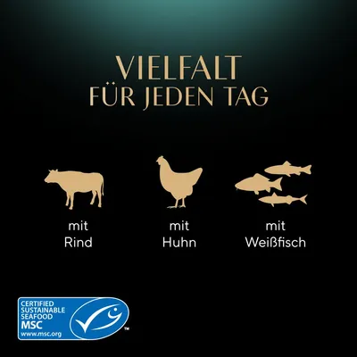 Vielfalt für jeden Tag: mit Rind, mit Huhn, mit Weissfisch. Zertifiziert nachhaltige Meeresfrüchte MSC www.msc.org.