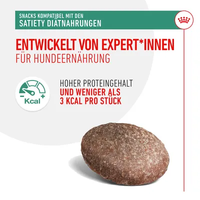 Snacks kompatibel mit Satiety Diätnahrungen. Entwickelt von Expert*innen für Hundeernährung. Hoher Proteingehalt und weniger als 3 kcal pro Stück.