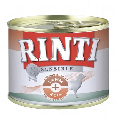 Scatoletta Rinti Sensible, testo visibile: 'Ausschliesslich mit Lamm + Reis Exklusive Proteine', immagine di cane stilizzato sulla confezione.