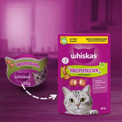 Whiskas Knuspertaschen mit Truthahn, neue Verpackung mit 60% weniger Plastik, gleicher Geschmack. Inhalt: 60g, unter 2 kcal pro Stück, Vitamine & Mineralstoffe, Protein, 100% köstlich.