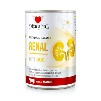 Disugual Metabolic Balance Renal Diet Dog natvoer, ondersteunt de nierfunctie bij honden. Tekst op blik: ricco di manzo. Italiaans opschrift over dieetvoeding en nierfunctie.
