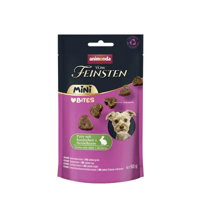 Animonda Vom Feinsten Mini Bites, indyk z królikiem i jagodą, bez dodatku zbóż, soi, cukru i wzmacniaczy smaku, opakowanie 50g.