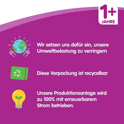 1+ Jahre. Wir setzen uns dafür ein, unsere Umweltbelastung zu verringern. Diese Verpackung ist recycelbar. Unsere Produktionsanlage wird zu 100% mit erneuerbarem Strom betrieben.
