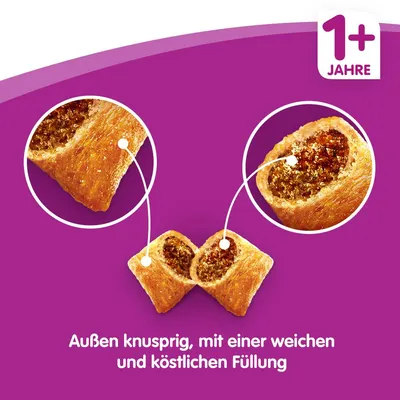 1+ Jahre. Udenpå sprød, med en blød og lækker fyldning. Tekst på tysk: Außen knusprig, mit einer weichen und köstlichen Füllung.