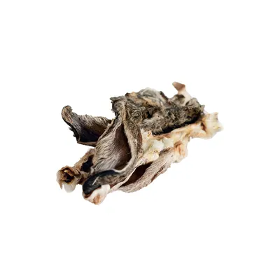 Getrocknete Stücke von Fell und Haut, natürliche Tiernahrung oder Kausnack ohne sichtbare Verpackung.