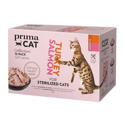 Prima Cat Collection 12-Pack w sosie, indyk i łosoś dla kotów sterylizowanych. Wspiera zdrowie dróg moczowych, bez zbóż i dodatku cukru.