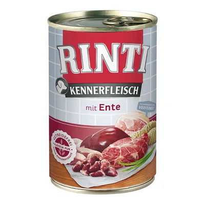 Scatola di cibo per cani Rinti Kennerfleisch mit Ente. Testo visibile: Getreidefrei, Fleisch pur, ohne Kohlenhydrate, Zusammensetzung verfeinert. Immagine di carne e fegato.