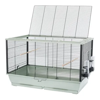 Vogelkooi met groene kunststof bodem, metalen traliewanden, twee zitstokken en twee externe voederbakjes. Bovenkant open.