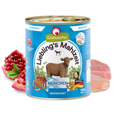 GranataPet Liebling's Mahlzeit бяла наденица, München Edition, 800g консерва. Съставки: семена от нар, месни парчета. Без зърнени храни, произведено в Германия.