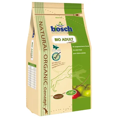 Sac de croquettes biosch BIO ADULT Apples pour chiens adultes, concept naturel et biologique, label ECOLAND visible, tableau d’alimentation imprimé sur le côté du paquet.