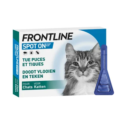 Frontline Spot On pour chats. Tue les puces et les tiques. L'emballage montre un chat et une pipette bleue. Frontline Spot On pour chats. Tue les puces et les tiques. L'emballage montre un chat et une pipette bleue.