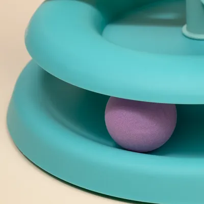 Jouet pour chat en plastique turquoise avec une balle violette visible à l'intérieur d'une piste circulaire.