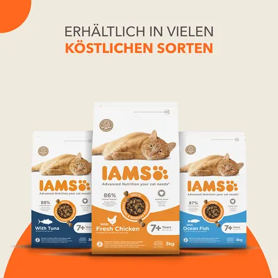 IAMS Katzenfutter für Katzen ab 7 Jahren, erhältlich in Sorten Fresh Chicken, Ocean Fish und Tuna. Verpackungsgrössen: 3kg. 86-88% tierisches Protein, gesunde Herzformel.