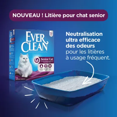 Ever Clean Senior Cat litière pour chat senior, 10L, neutralisation ultra efficace des odeurs, usage fréquent, visible sur l’emballage et dans un bac bleu rempli de litière.