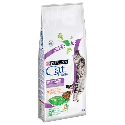 Purina Cat Chow Hairball Control -kuivaruoka kissoille, 15 kg. Tekstit: Rich in Chicken, Naturium, NO SANS NO BEZ. Kuvassa hyppäävä kissa ja ruokapaloja.