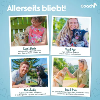 Vier Hunde mit ihren Besitzern und Kommentaren zu Leckerlis: Blondie liebt sie trotz wählerischem Geschmack, Myst findet sie wohlriechend, Barkley mag Truthahn, Bruno schätzt die Qualität.