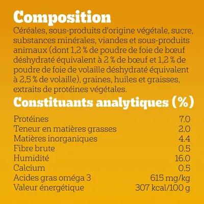 Composition : céréales, sous-produits végétaux, sucre, minéraux, viandes et sous-produits animaux, graines, huiles, extraits de protéines végétales. Protéines 7 %, matières grasses 2 %, humidité 16 %.