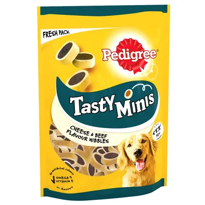 Pedigree Tasty Minis Cheese & Beef Flavour Nibbles, less than 5% fat, no artificial colours or flavours, omega 3, vitamin E. Yellow pack with dog image and treats shown.