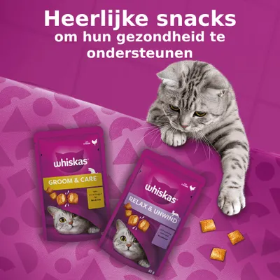 whiskas Groom & Care en Relax & Unwind kattensnacks, 45 g zakjes. Tekst: Heerlijke snacks om hun gezondheid te ondersteunen. Kat naast twee zakjes en enkele snacks zichtbaar.