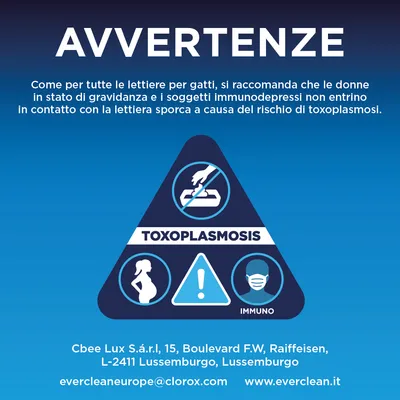 Avvertenza: Le donne in gravidanza e le persone immunodepresse non devono entrare in contatto con lettiera per gatti contaminata a causa del rischio di toxoplasmosi. Dati del produttore e contatti in basso.
