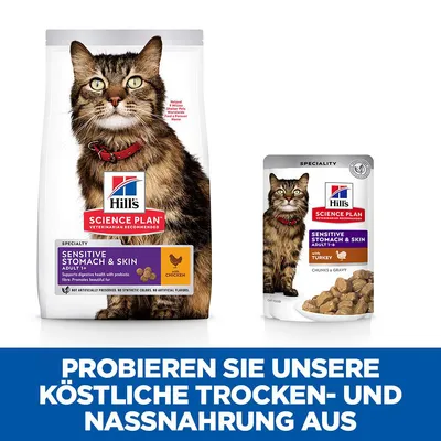 Hill's Science Plan Sensitive Stomach & Skin Adult 1+ Trockenfutter mit Huhn und Nassfutter mit Truthahn. Unterstützt Verdauung und Hautgesundheit. Probieren Sie köstliche Tiernahrung aus.