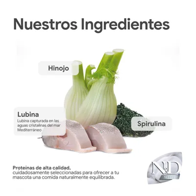 Ingredientes: hinojo, espirulina, lubina del Mediterráneo. Proteínas de alta calidad para una alimentación equilibrada. Marca: N&D White. Ingredientes: hinojo, espirulina, lubina del Mediterráneo. Proteínas de alta calidad para una alimentación equilibrada. Marca: N&D White.