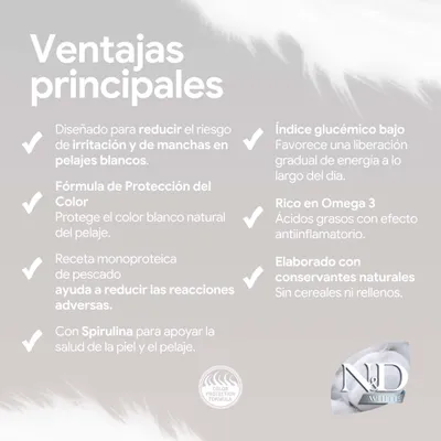 Principales ventajas: riesgo reducido de irritaciones y manchas, fórmula protectora del color, receta de pescado para disminuir las reacciones, espirulina, bajo índice glucémico, Omega 3, conservantes naturales. Principales ventajas: riesgo reducido de irritaciones y manchas, fórmula protectora del color, receta de pescado para disminuir las reacciones, espirulina, bajo índice glucémico, Omega 3, conservantes naturales.